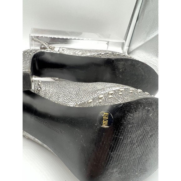 9.5 BCBGeneration Silver Studded Sling Back Sandal 4”+ High Heel Shoe Open Toe - Picture 7 of 9